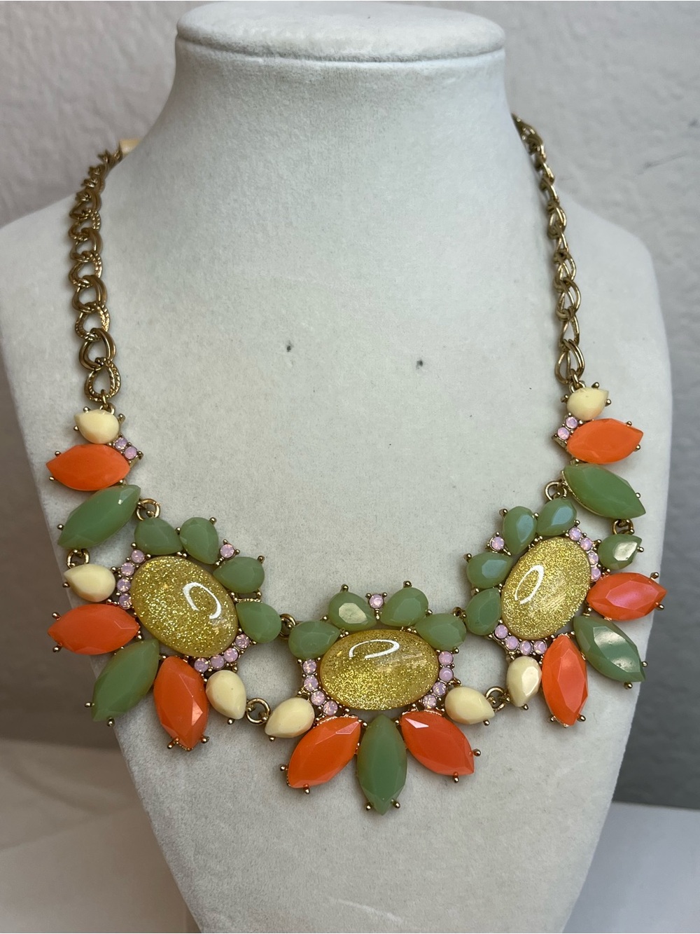 New Gold Tone Orange Glitter Statement Necklace Rhinestone Bib 22”